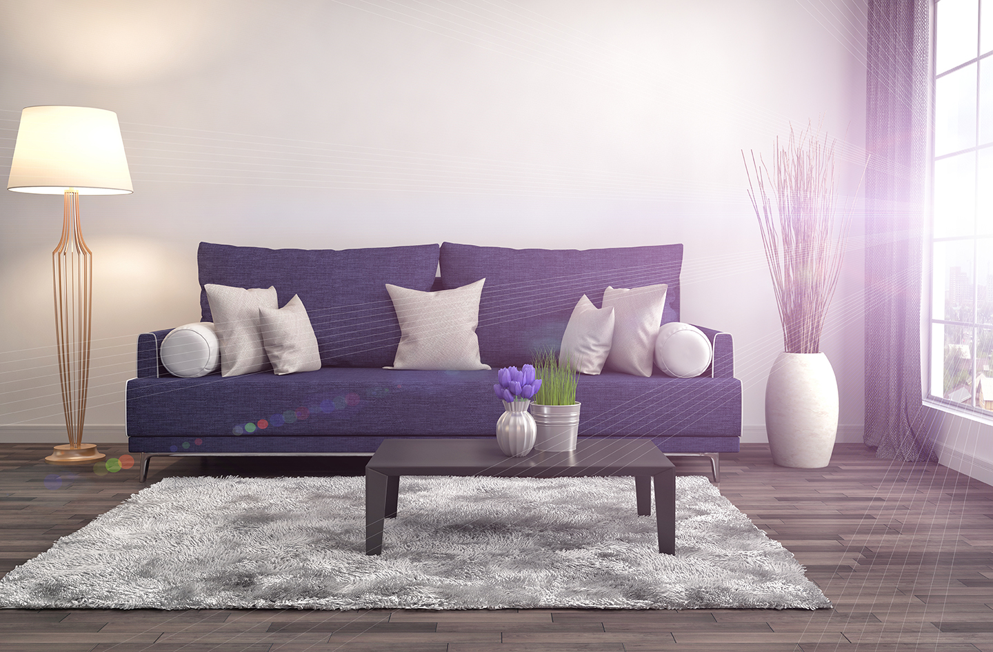 purple interior with sofa
