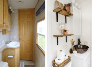before and after photo of rv sink bathroom