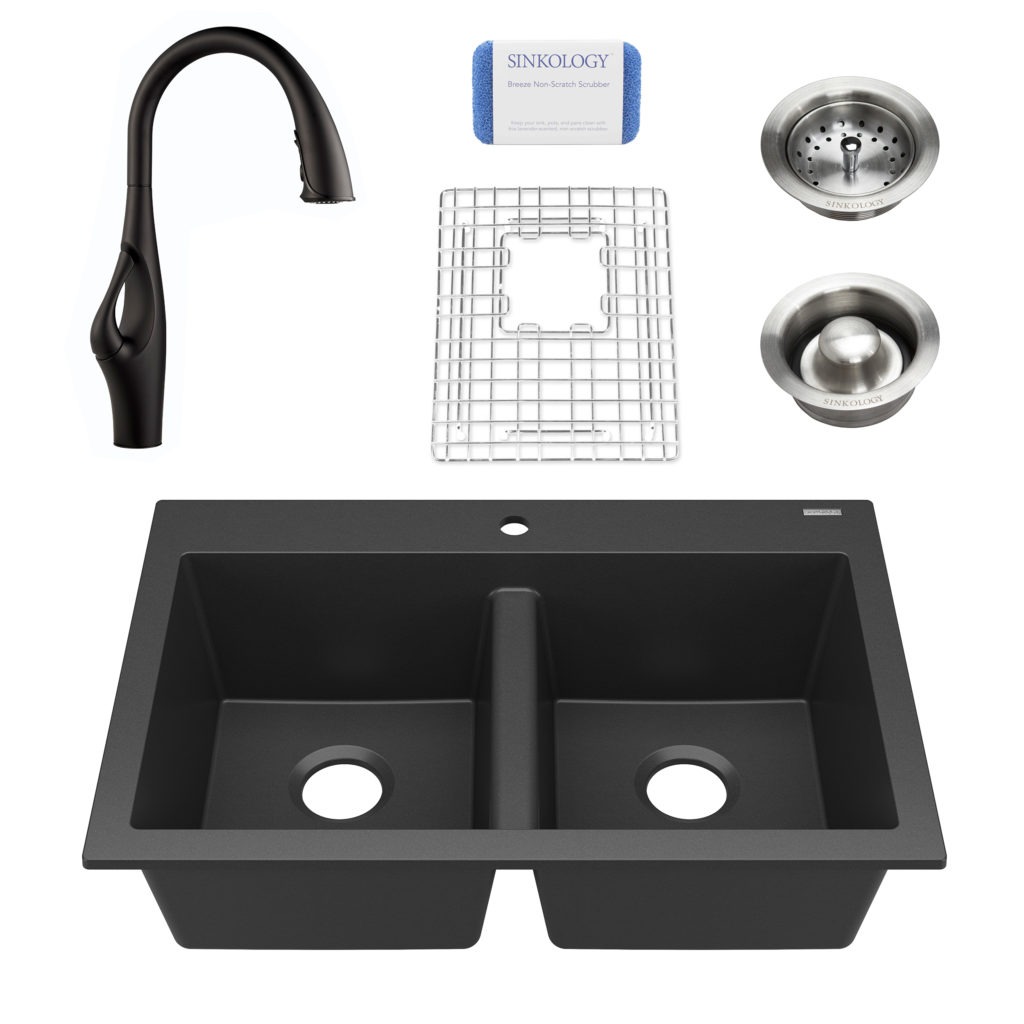 black granite double bowl kitchen sink, faucet, grid, drains, and scrubber