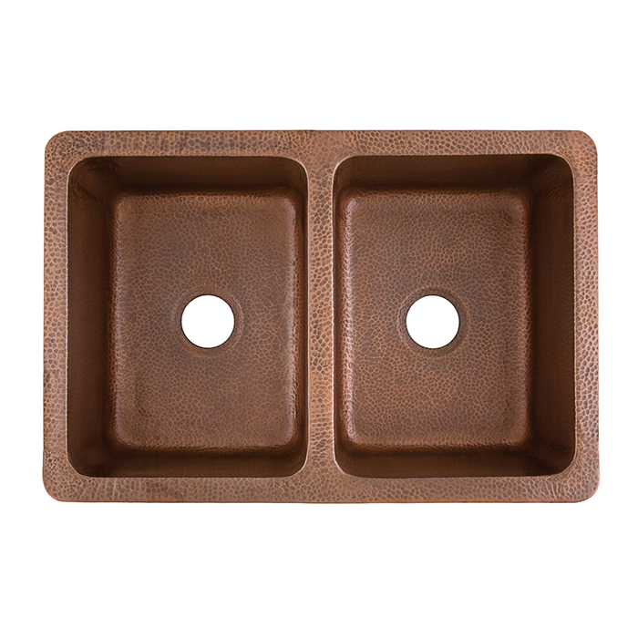 top view of rockwell double basin copper kitchen sink