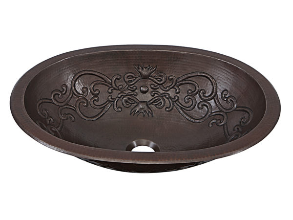 45 degree view of pauling undermount copper kitchen sink with scroll design embossment