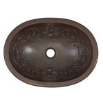 top view of pauling oval basin undermount copper bathroom sink with scroll design embossing