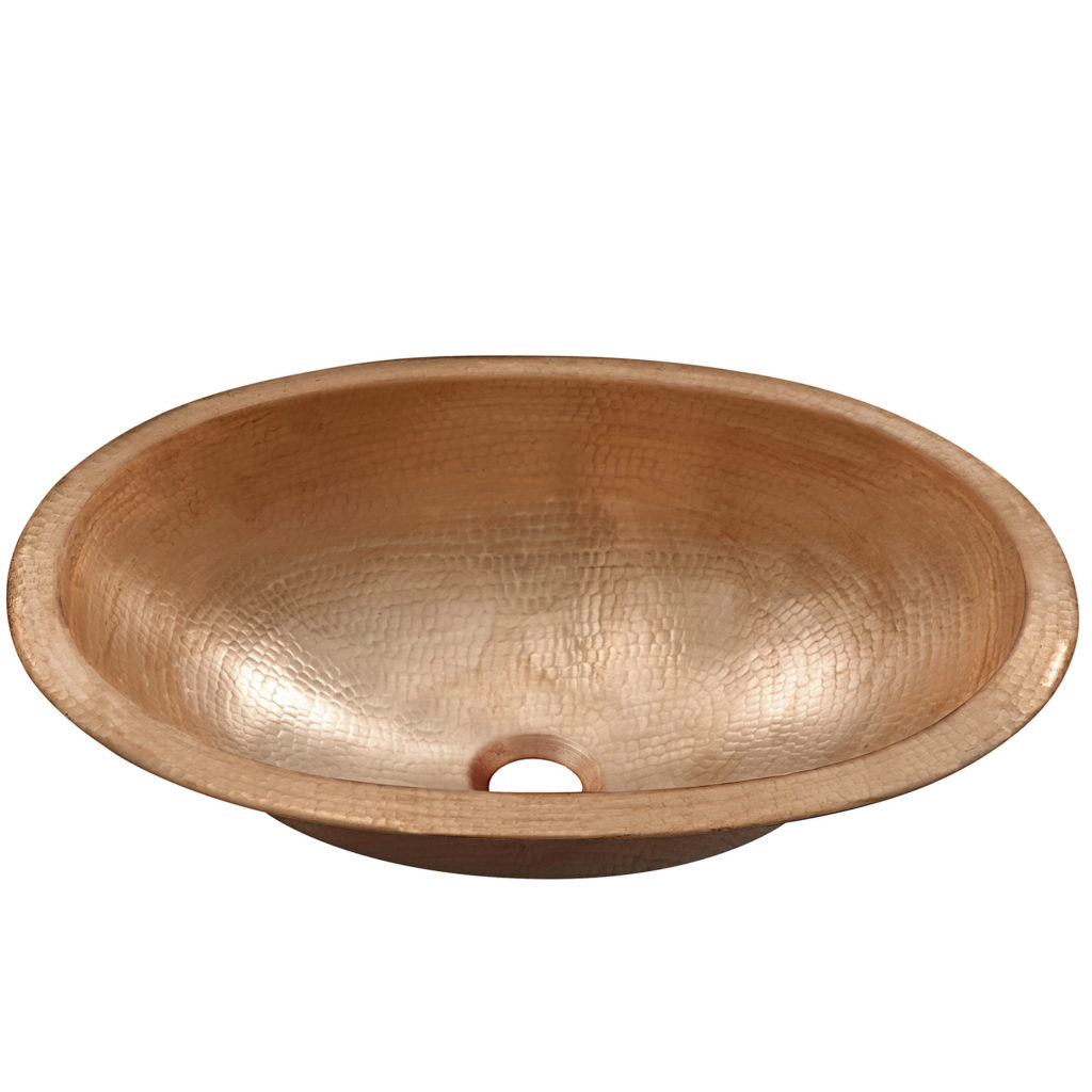 45 degree view of strauss drop-in copper bathroom sink