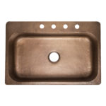 top view of angelico single bowl drop-in hand hammered 16-gauge copper kitchen sink