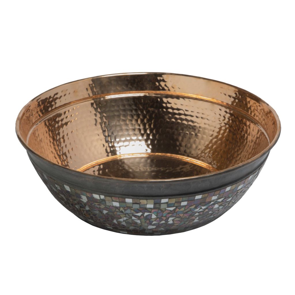 Bardeen vessel copper sink with hand applied mosaics on exterior