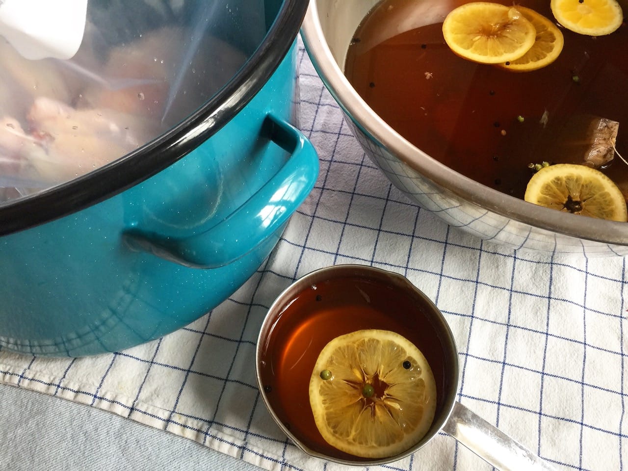 a sweet tea brine with salt, pepper & a lemon