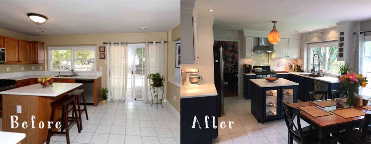 Side-by-side comparison of a kitchen before and after renovation.