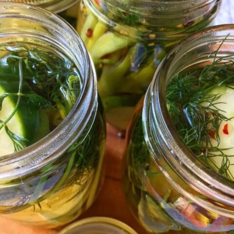 Close-up of jars filled with cucumber slices, fresh dill, and pickling spices.
