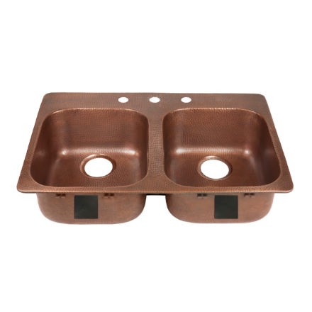 double bowl copper kitchen sink, rear drains, and three faucet holes
