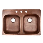 double bowl copper kitchen sink, rear drains, and three faucet holes