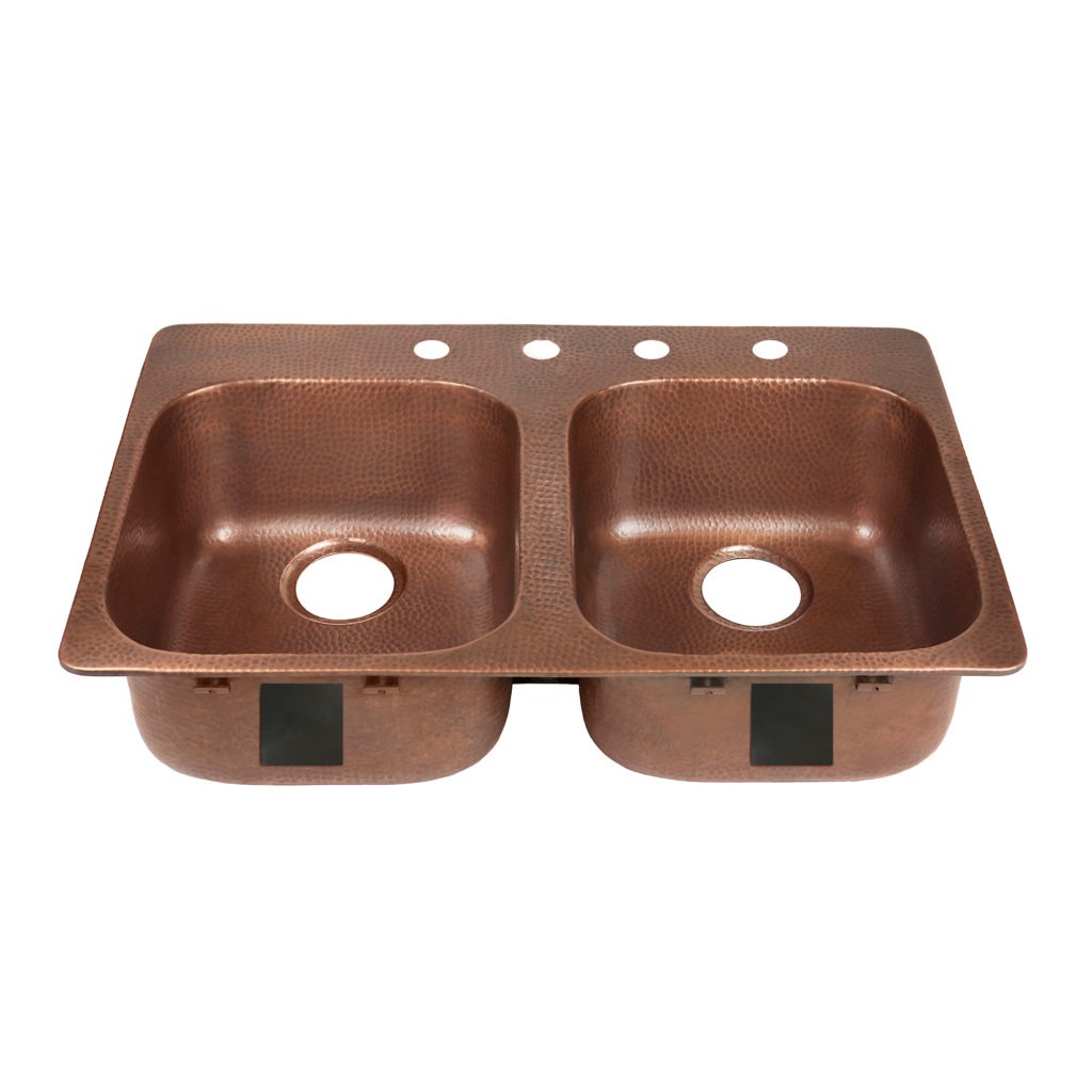 double bowl copper kitchen sink, rear drains, and four faucet holes right side
