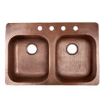 double bowl copper kitchen sink, rear drains, and four faucet holes right side