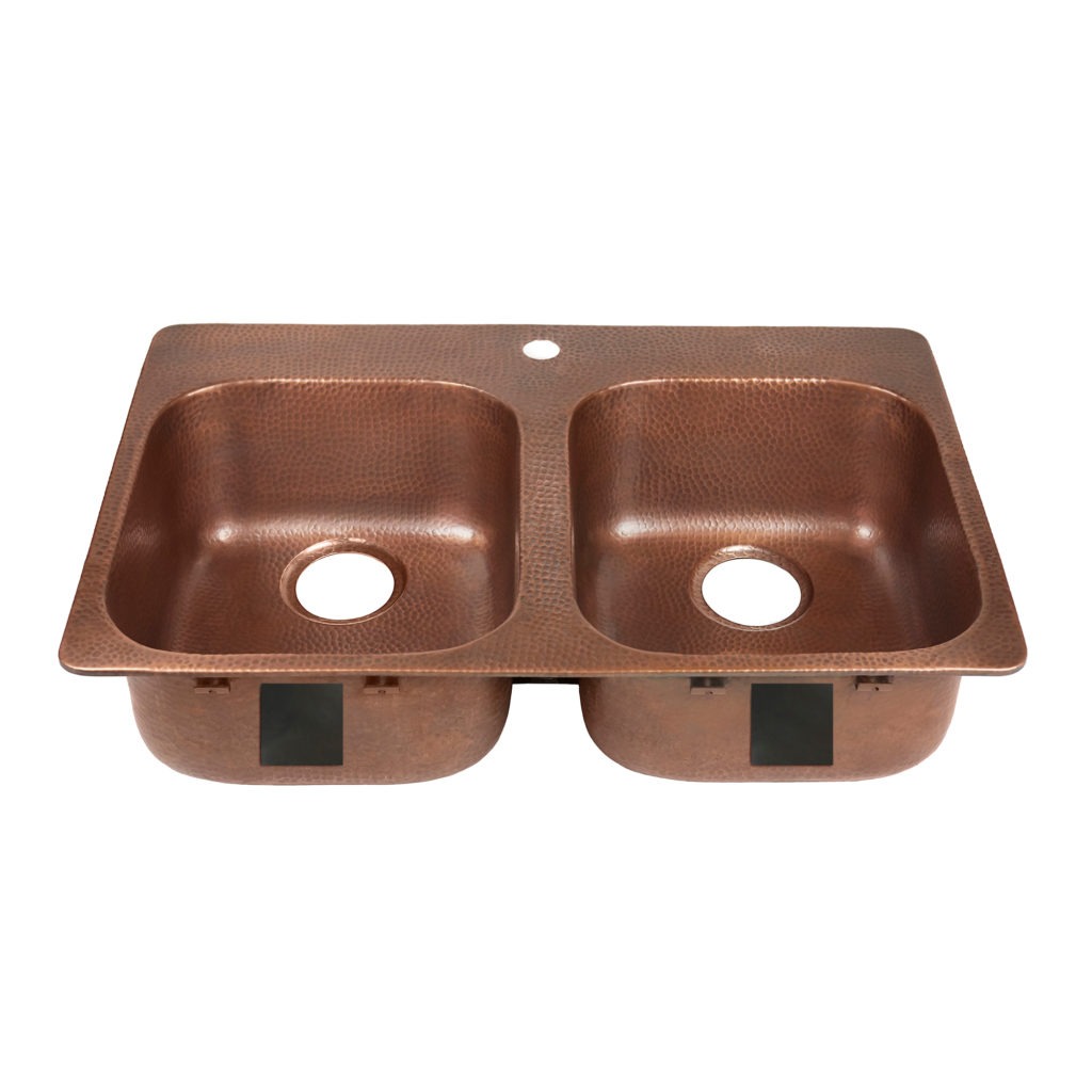 double bowl copper kitchen sink, rear drains, and one faucet hole