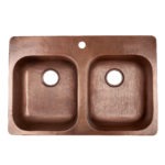 double bowl copper kitchen sink, rear drains, and one faucet hole