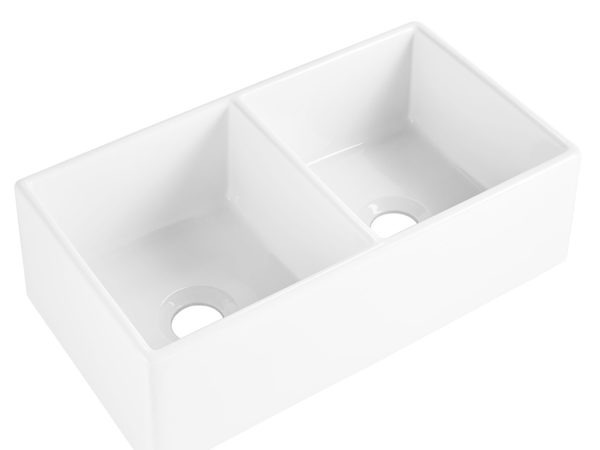 The Brooks II double bowl fireclay farmhouse kitchen sink front angle view