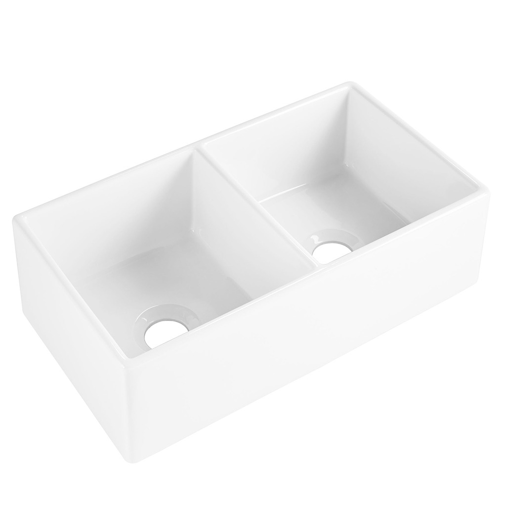 The Brooks II double bowl fireclay farmhouse kitchen sink front angle view