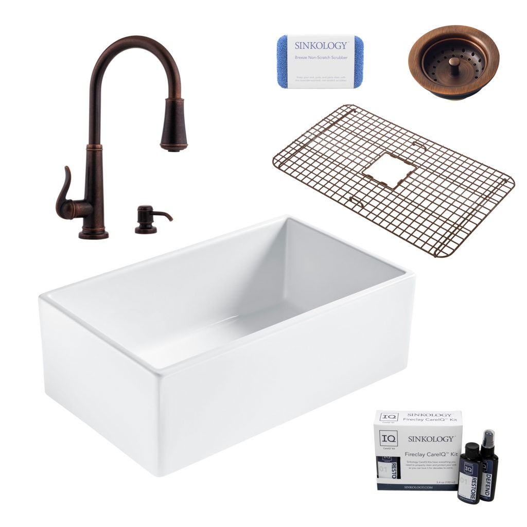 bradstreet II white fireclay sink, ashfield faucet, basket strainer drain, bottom grid, scrubber, and fireclay careIQ kit
