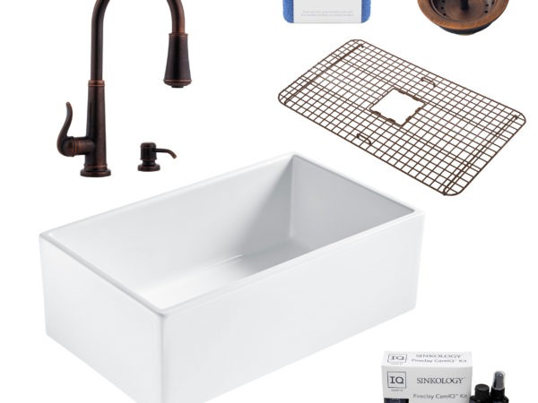 bradstreet II white fireclay sink, ashfield faucet, basket strainer drain, bottom grid, scrubber, and fireclay careIQ kit