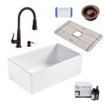 bradstreet II white fireclay sink, ashfield faucet, disposal drain, bottom grid, scrubber, and fireclay careIQ kit