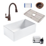 bradstreet II white fireclay sink, canton faucet, basket strainer drain, bottom grid, scrubber, and fireclay careIQ kit