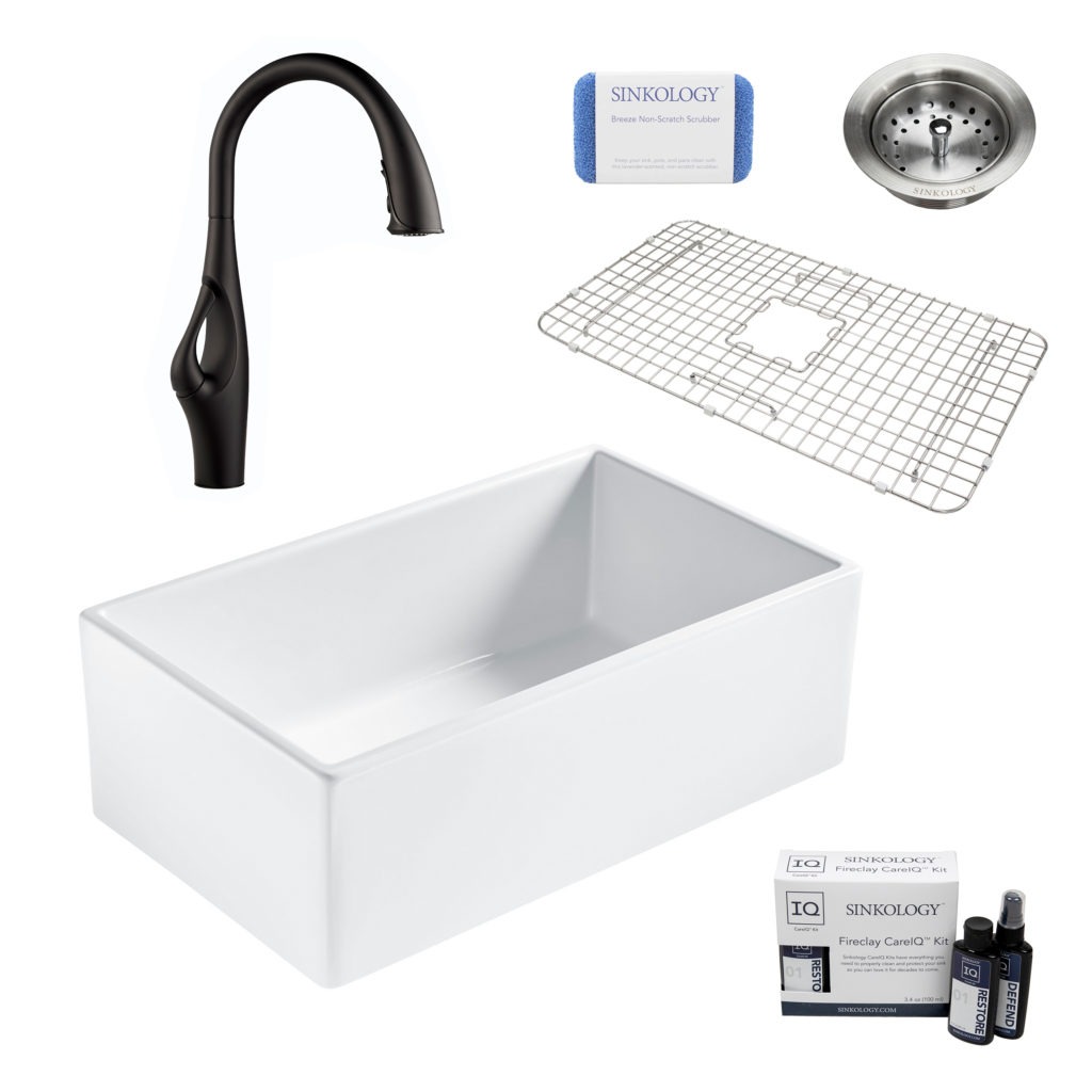 bradstreet II white fireclay sink, kai faucet, basket strainer drain, bottom grid, scrubber, and fireclay careIQ kit