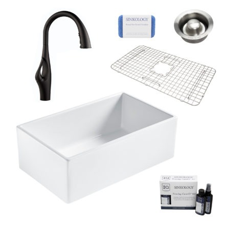 bradstreet II white fireclay sink, kai faucet, disposal drain, bottom grid, scrubber, and fireclay careIQ kit