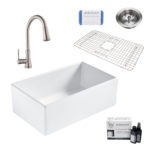 bradstreet II white fireclay sink, pfirst faucet, basket strainer drain, bottom grid, scrubber, and fireclay careIQ kit