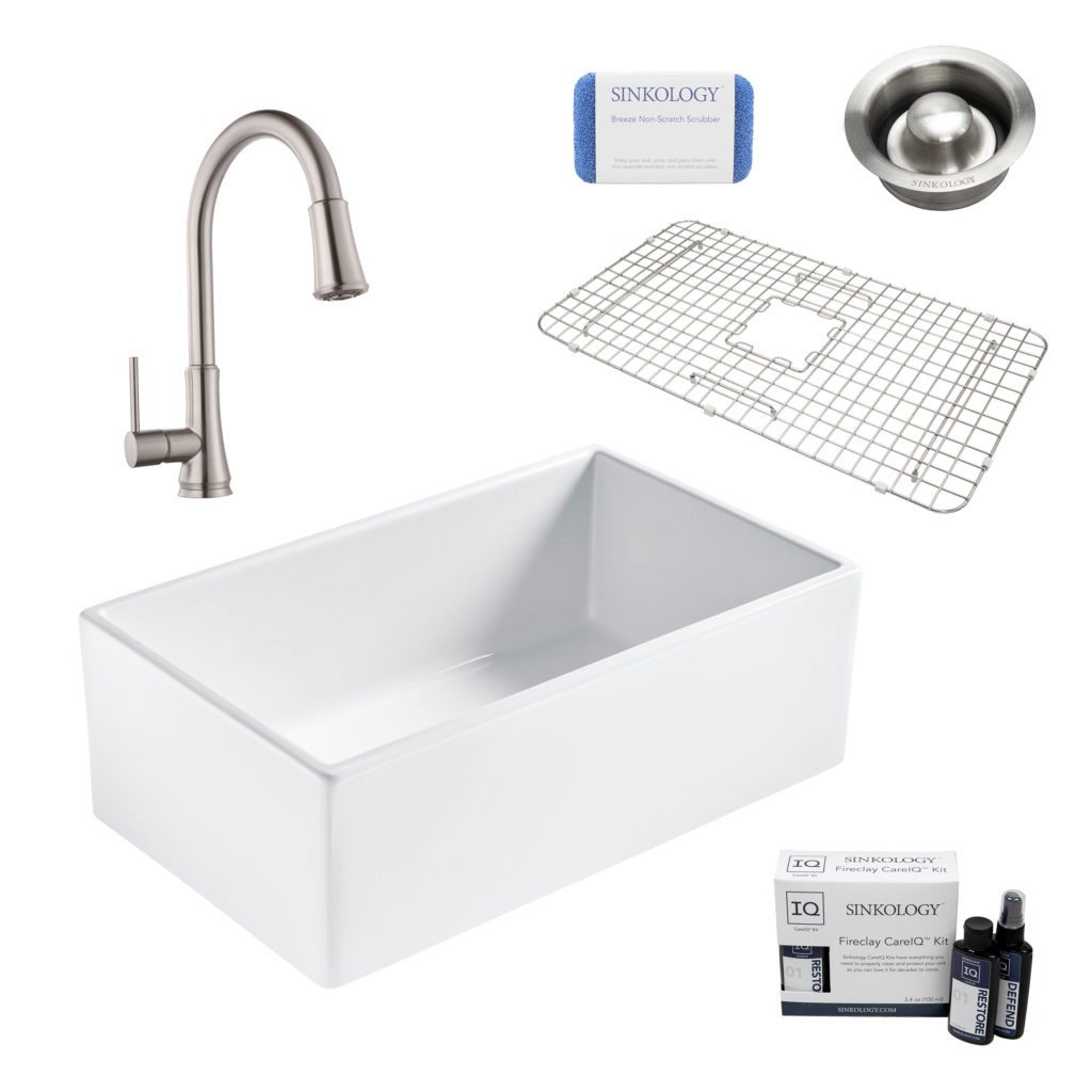 bradstreet II white fireclay sink, pfirst faucet, disposal drain, bottom grid, scrubber, and fireclay careIQ kit