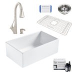 bradstreet II white fireclay sink, venturi faucet, basket strainer drain, bottom grid, scrubber, and fireclay careIQ kit