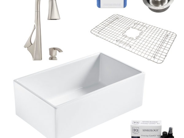 bradstreet II white fireclay sink, venturi faucet, disposal drain, bottom grid, scrubber, and fireclay careIQ kit
