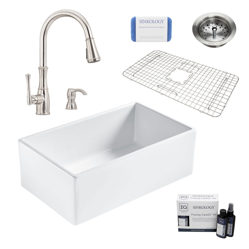 bradstreet II white fireclay sink, wheaton faucet, basket strainer drain, bottom grid, scrubber, and fireclay careIQ kit