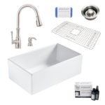 bradstreet II white fireclay sink, wheaton faucet, disposal drain, bottom grid, scrubber, and fireclay careIQ kit