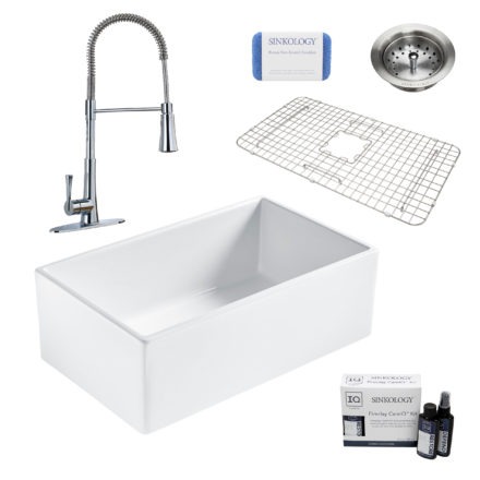 bradstreet II white fireclay sink, zuri faucet, basket strainer drain, bottom grid, scrubber, and fireclay careIQ kit