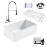 bradstreet II white fireclay sink, zuri faucet, disposal drain, bottom grid, scrubber, and fireclay careIQ kit