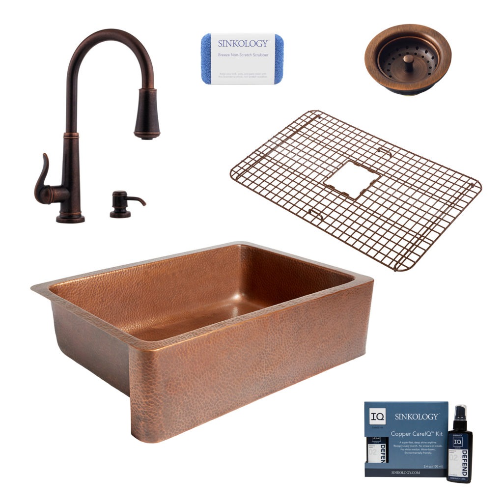 adams copper kitchen sink, ashfield rustic bronze faucet, bottom grid, basket strainer drain, copper care IQ kit, scrubber