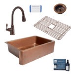 adams copper kitchen sink, canton rustic bronze faucet, bottom grid, basket strainer drain, copper care IQ kit, scrubber