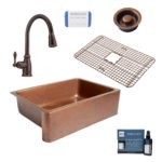 adams copper kitchen sink, canton rustic bronze faucet, bottom grid, disposal drain, copper care IQ kit, scrubber
