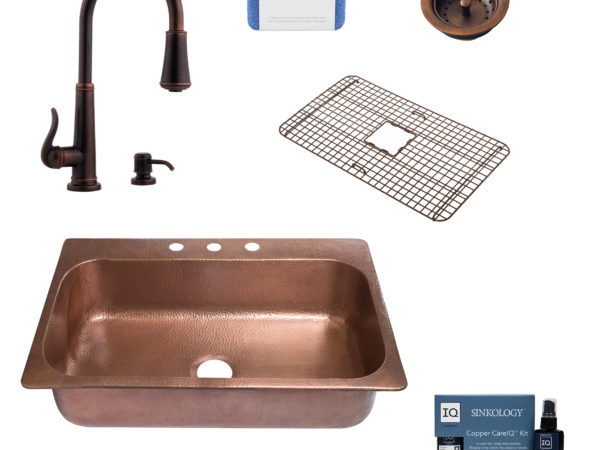 angelico copper kitchen sink, ashfield rustic bronze faucet, bottom grid, basket strainer drain, copper care IQ kit, scrubber