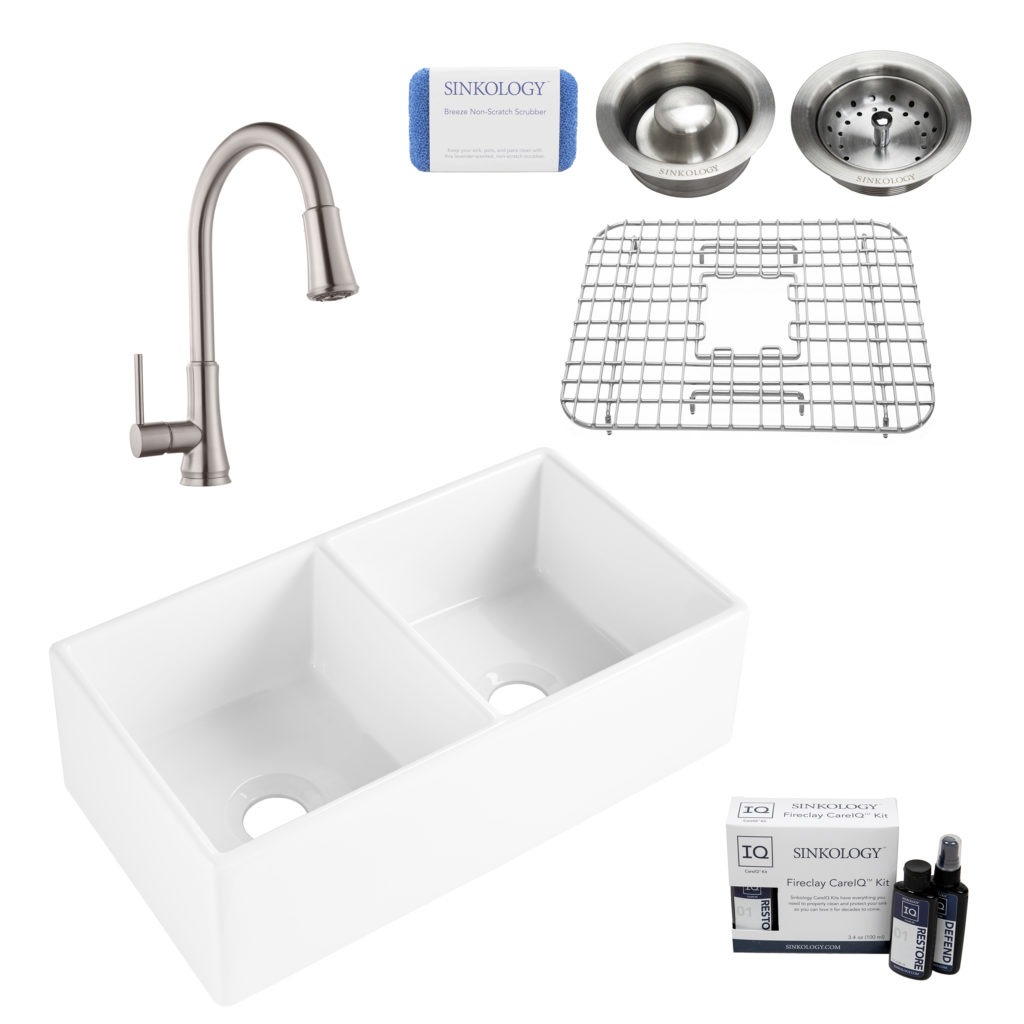 brooks II fireclay double bowl sink, pfirst faucet, stainless steel bottom grid, basket drain, disposal drain, careIQ kit, scrubber