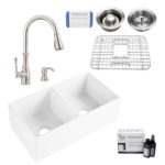 brooks II fireclay double bowl sink, wheaton faucet, stainless steel bottom grid, basket drain, disposal drain, careIQ kit, scrubber