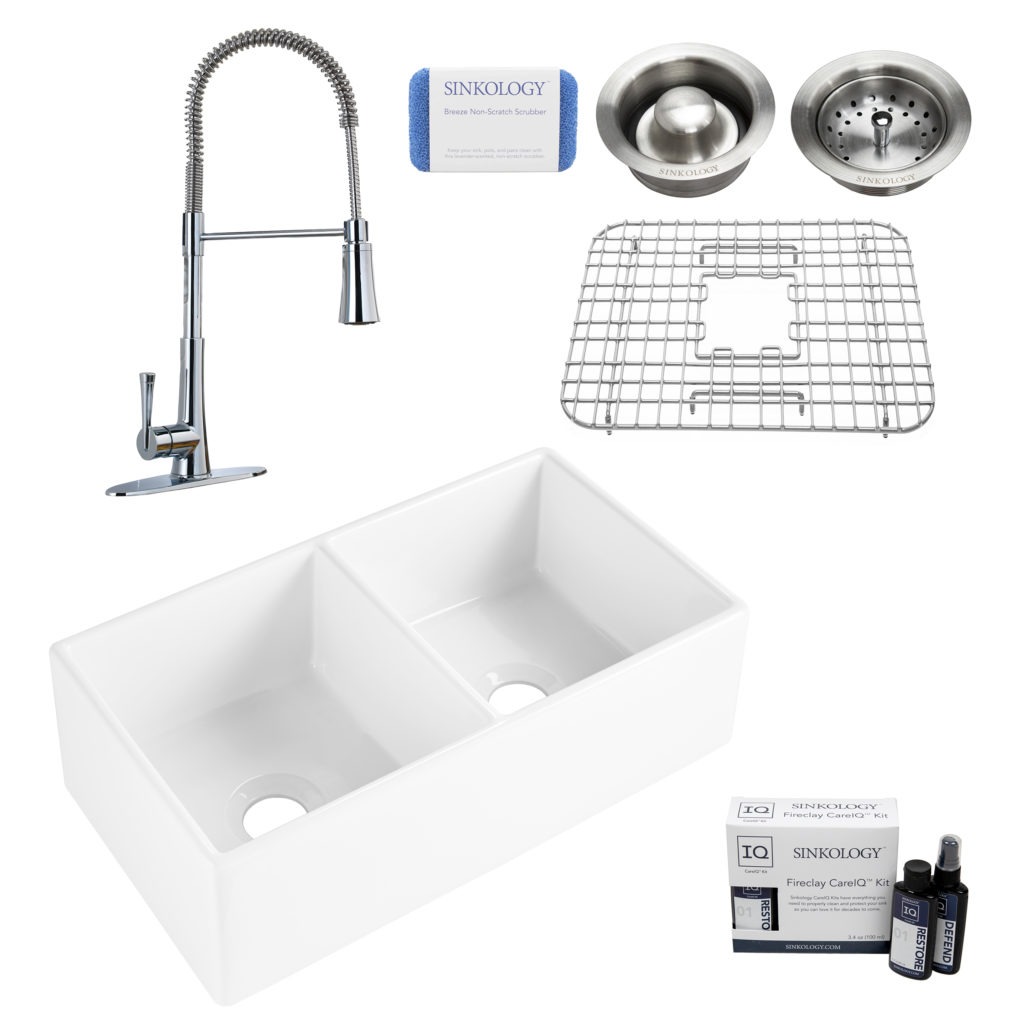 brooks II fireclay double bowl sink, zuri faucet, stainless steel bottom grid, basket drain, disposal drain, careIQ kit, scrubber
