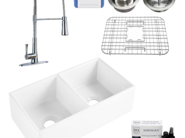 brooks II fireclay double bowl sink, zuri faucet, stainless steel bottom grid, basket drain, disposal drain, careIQ kit, scrubber