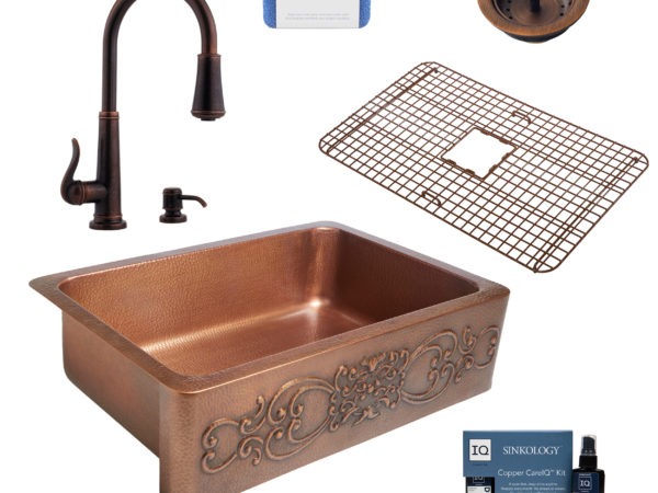 ganku copper kitchen sink, ashfield faucet, basket strainer drain, copper care IQ kit, scrubber