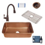 orwell copper kitchen sink, canton rustic bronze faucet, bottom grid, basket strainer drain, copper care IQ kit, scrubber