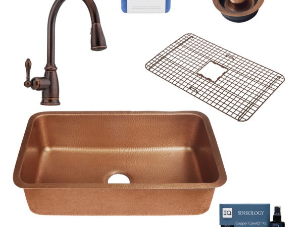 orwell copper kitchen sink, canton rustic bronze faucet, bottom grid, disposal drain, copper care IQ kit, scrubber