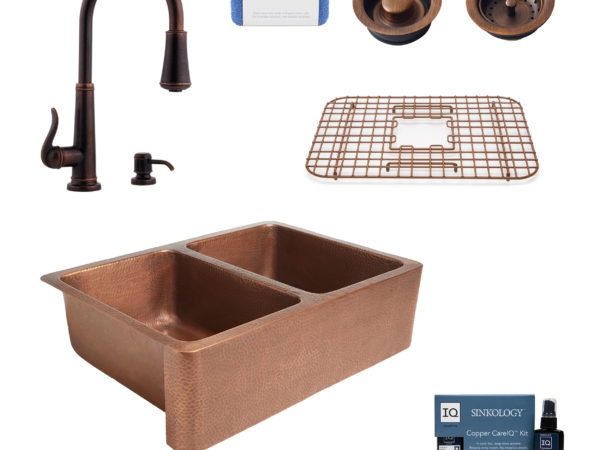 rockwell copper kitchen sink, ashfield rustic bronze faucet, bottom grid, basket strainer drain, disposal drain, copper care IQ kit, scrubber
