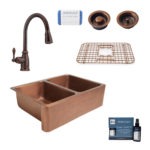 rockwell copper kitchen sink, canton rustic bronze faucet, bottom grid, basket strainer drain, disposal drain, copper care IQ kit, scrubber