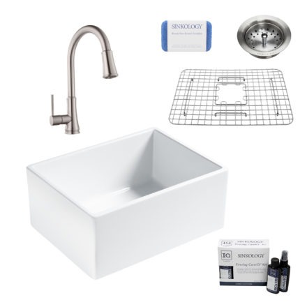 wilcox II fireclay double bowl sink, pfirst faucet, stainless steel bottom grid, strainer drain, careIQ kit, scrubber