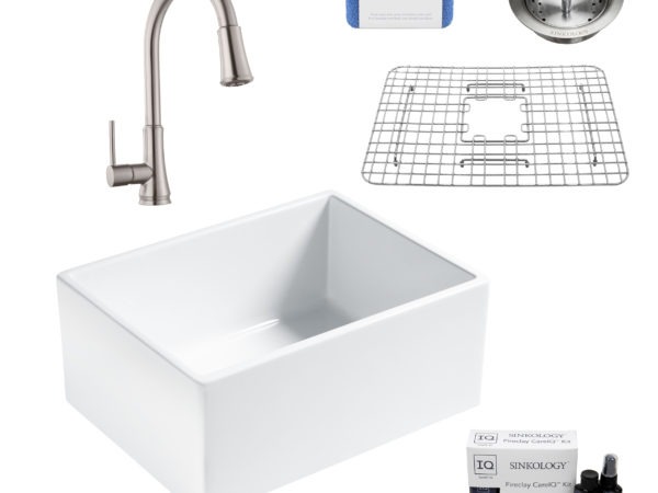 wilcox II fireclay double bowl sink, pfirst faucet, stainless steel bottom grid, strainer drain, careIQ kit, scrubber