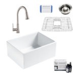 wilcox II fireclay double bowl sink, pfirst faucet, stainless steel bottom grid, disposal drain, careIQ kit, scrubber